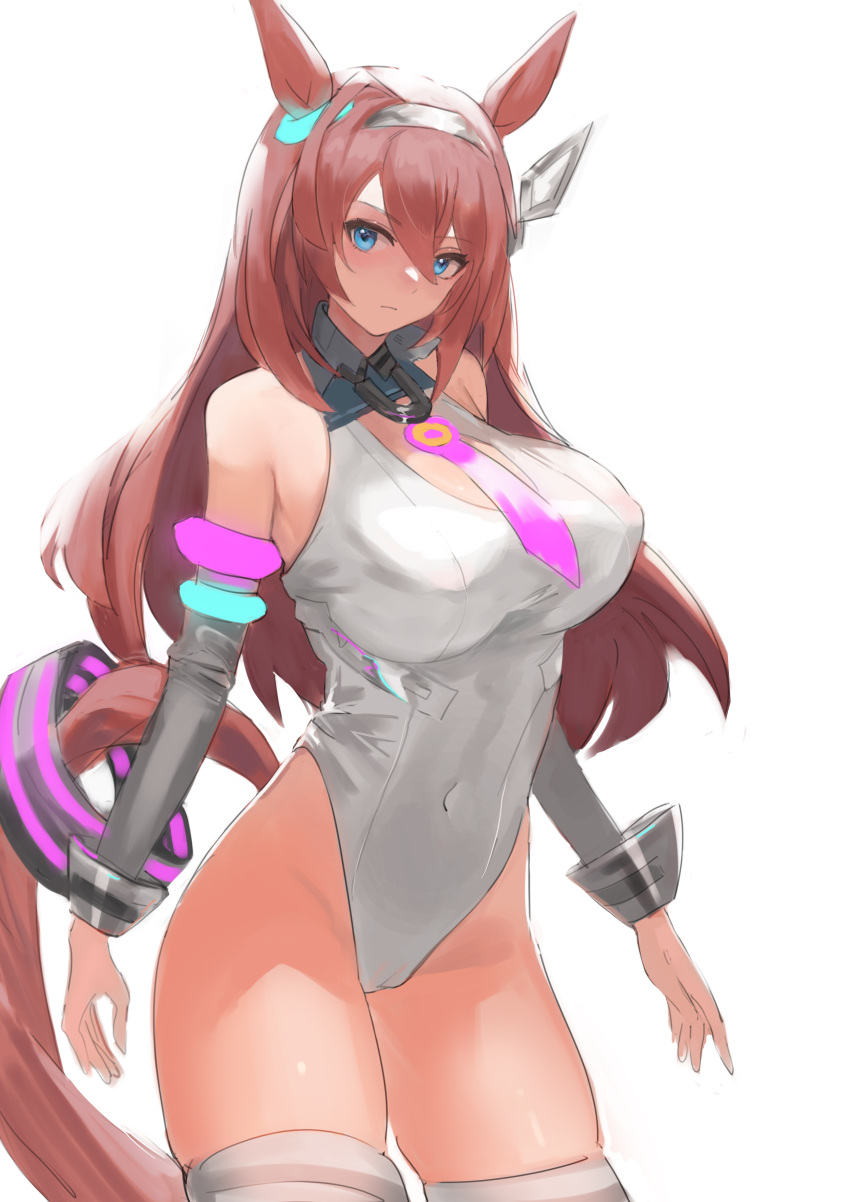 1girl absurdres animal_ears blue_eyes breasts brown_hair closed_mouth commentary corrugatedrush covered_navel hair_between_eyes hairband highleg highleg_leotard highres horse_ears horse_girl horse_tail large_breasts leotard long_hair looking_at_viewer mihono_bourbon_(umamusume) necktie olo pink_necktie silver_hairband simple_background tail thighs umamusume white_background white_leotard