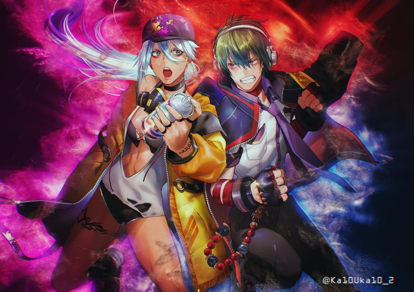 1boy 1girl baseball_cap beads blue_eyes finger_tattoo gloves green_hair hat headphones highres isla_(kof) jacket jacket_on_shoulders katou_teppei leg_tattoo light_blue_hair mask mask_around_neck necktie oversized_clothes paint_can red_eyes respirator scowl shun'ei snk spray_can spray_paint tan tank_top tattoo teeth the_king_of_fighters the_king_of_fighters_xiv the_king_of_fighters_xv