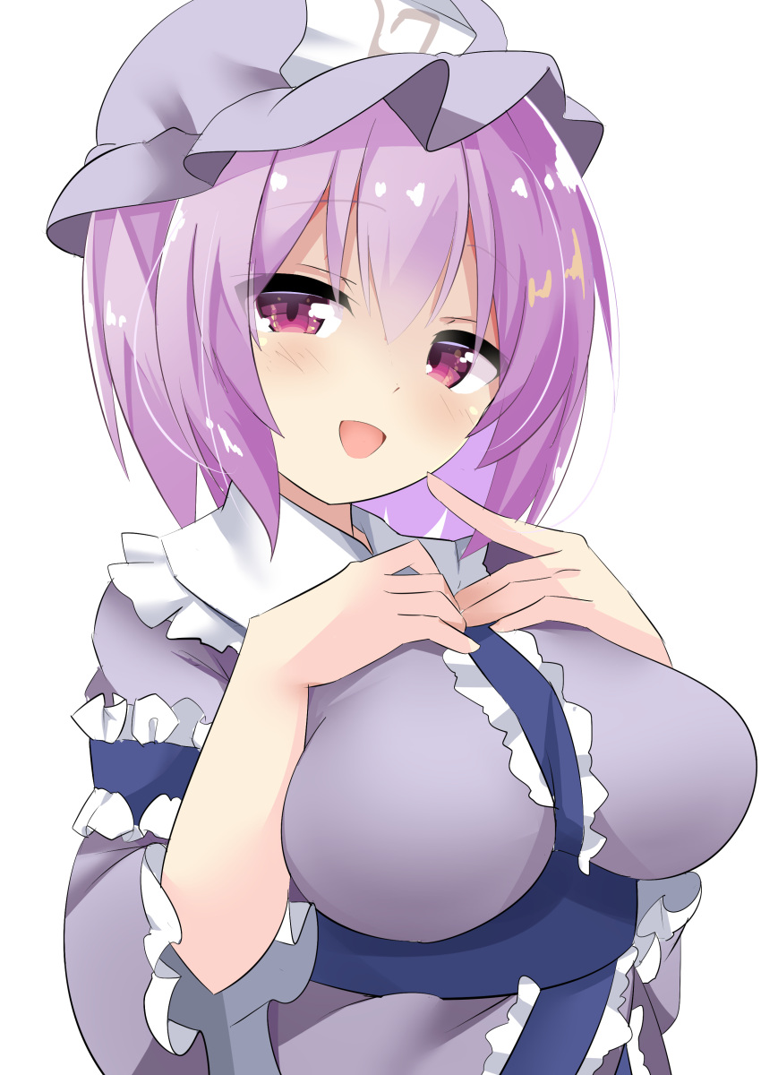 1girl 9150namihana :d absurdres bangs blue_headwear blush breasts eyebrows_visible_through_hair frills hat highres large_breasts long_sleeves looking_at_viewer mob_cap open_mouth pink_eyes pink_hair saigyouji_yuyuko short_hair simple_background smile solo touhou triangular_headpiece upper_body white_background wide_sleeves