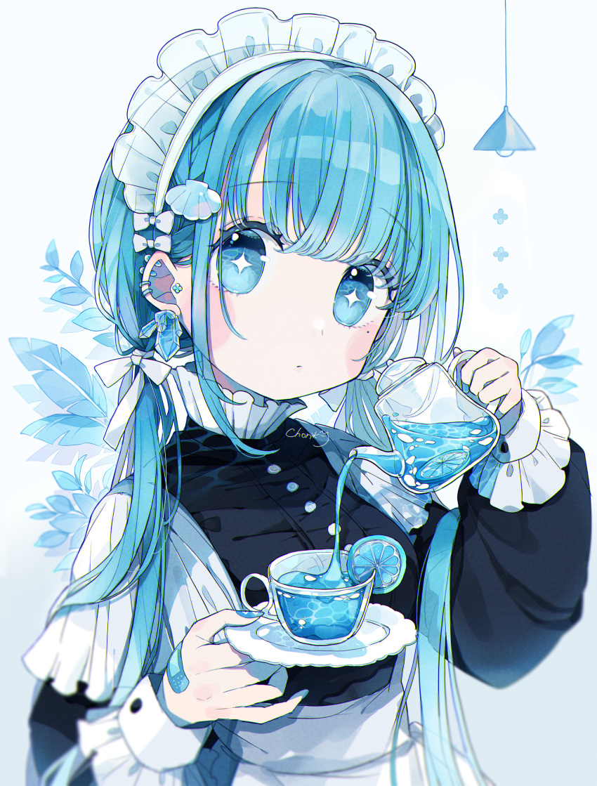 +_+ 1girl absurdres apron bandaid bandaid_on_hand bangs black_dress blue_eyes blue_hair blue_theme blush_stickers bow chon_(chon33v) closed_mouth commentary_request cup dress ear_piercing eyebrows_visible_through_hair grey_background hair_bow highres holding holding_saucer holding_teapot long_hair long_sleeves looking_at_viewer low_twintails maid maid_headdress original piercing pouring puffy_long_sleeves puffy_sleeves saucer see-through shell_hair_ornament solo teacup teapot transparent twintails upper_body very_long_hair white_apron white_bow