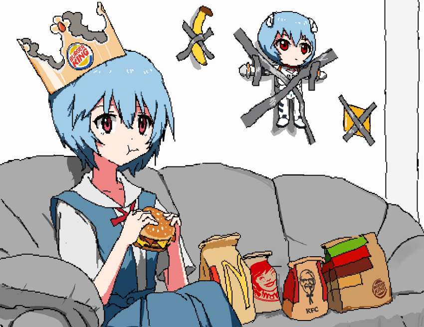 aiu404l ayanami_rei bag banana blue_hair burger burger_king cheese couch eating fast_food food fruit highres kfc mcdonald's neon_genesis_evangelion paper_bag red_eyes rei_chikita sitting tokyo-3_middle_school_uniform_(evangelion) wendy's