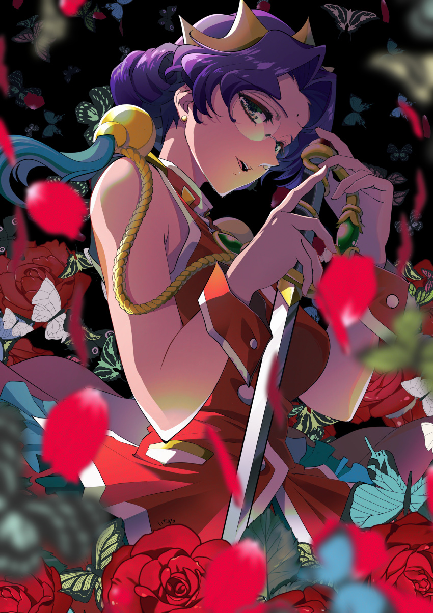1girl absurdres black_background bug butterfly crown facial_mark flower forehead_mark glasses green_eyes hair_intakes highres himemiya_anthy holding holding_weapon ichi_orgin open_mouth petals purple_hair red_flower short_hair shoujo_kakumei_utena solo weapon