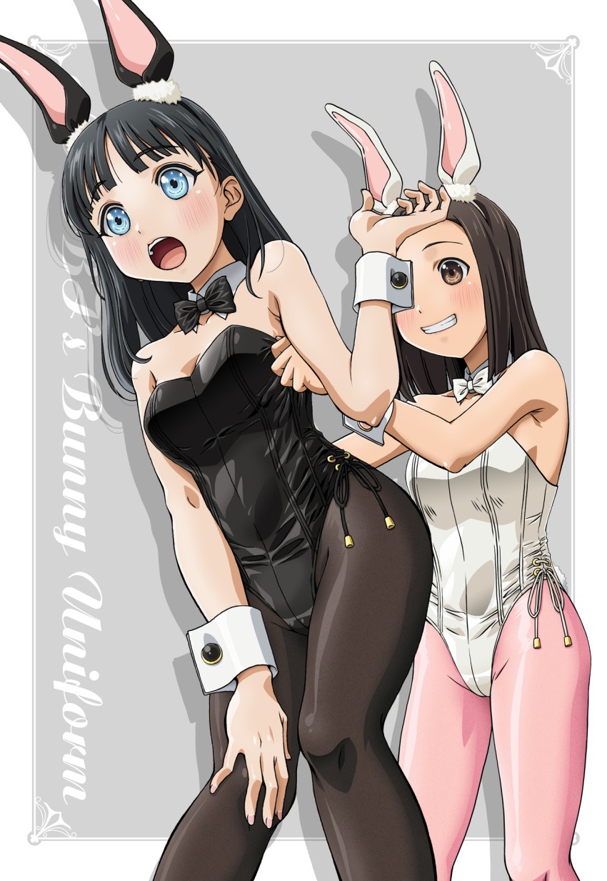 akebi-chan_no_serafuku akebi_komichi animal_ears black_bow black_bowtie black_hair black_legwear black_leotard blue_eyes boo_(takagi) bow bowtie brown_eyes commentary_request detached_collar grin highres leotard long_hair pantyhose pink_legwear playboy_bunny rabbit_ears rabbit_tail smile tail usagihara_touko white_bow white_bowtie white_leotard wrist_cuffs