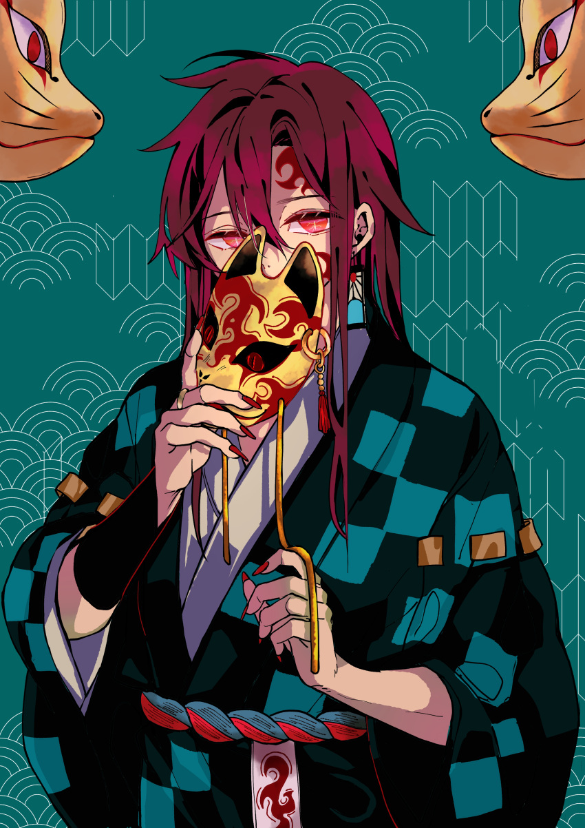 1boy absurdres adapted_costume alternate_hair_length alternate_hairstyle alternate_universe aqua_background arm_guards bangs checkered_clothes covered_mouth earrings fingernails fox_mask hair_between_eyes highres holding holding_mask japanese_clothes jewelry kamado_tanjirou kimetsu_no_yaiba kimono long_fingernails long_hair long_sleeves male_focus mask mask_removed red_eyes red_nails redhead ring sash seigaiha slit_pupils solo tassel upper_body wide_sleeves yagasuri youshima