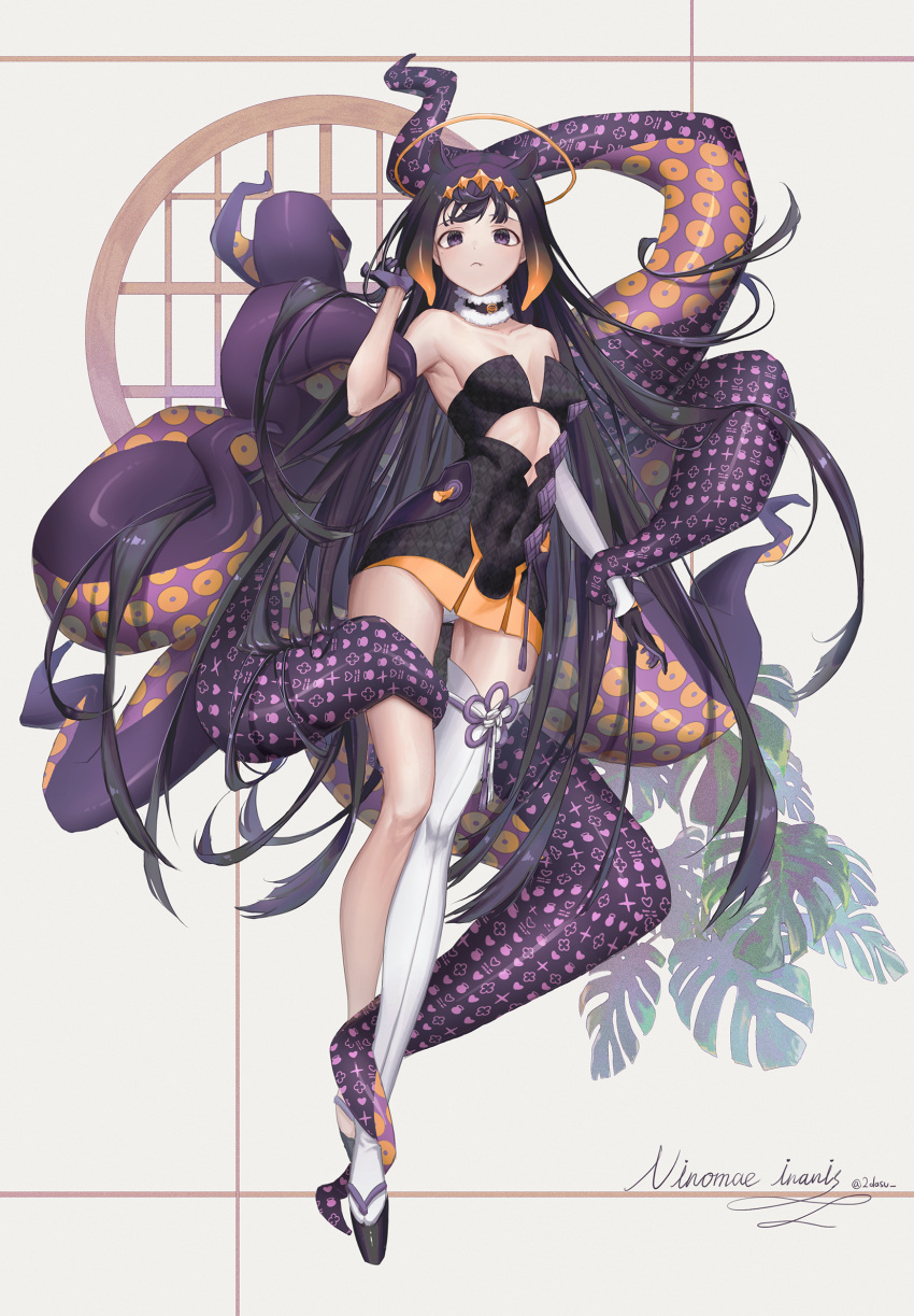 1girl bare_shoulders black_dress black_gloves black_hair breasts closed_mouth clothing_cutout collarbone dress fangs floating_hair flower_knot full_body fur_collar gloves hairband halo hand_up highres hololive hololive_english hyun9164 leaf long_hair looking_at_viewer mole mole_under_eye ninomae_ina'nis platform_footwear short_dress single_thighhigh small_breasts solo tentacle_hair tentacles thigh-highs very_long_hair violet_eyes virtual_youtuber white_legwear