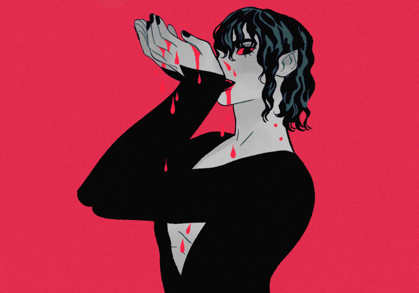 1other androgynous blood colored_sclera drinking_blood from_side hands_up limited_palette long_sleeves looking_at_viewer nail_polish original plunging_neckline pointy_ears red_background red_sclera sarakipin short_hair solo upper_body vampire wavy_hair