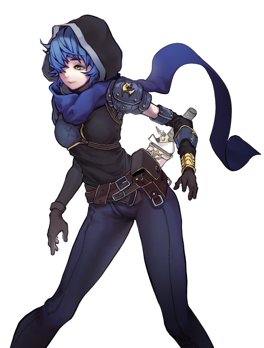 1girl armor belt belt_pouch blue_hair blue_scarf breastplate brown_gloves closed_mouth fantasy gloves grey_background hair_over_one_eye highres hood hood_up original pauldrons pouch rogue scabbard scarf scratches sheath sheathed short_hair shoulder_armor simple_background smile solo weapon yellow_eyes zero808w