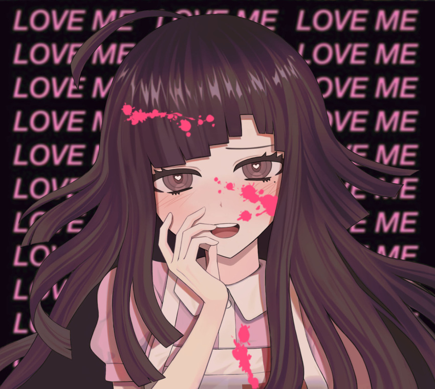 1girl :d apron bangs black_background blood blood_on_clothes blood_on_face blush collared_shirt commentary_request danganronpa_(series) danganronpa_2:_goodbye_despair english_text hand_up heart heart-shaped_pupils highres long_hair mole mole_under_eye peosi_(percy) pink_blood pink_shirt shiny shiny_hair shirt simple_background smile solo symbol-shaped_pupils teeth tsumiki_mikan upper_teeth white_apron yandere