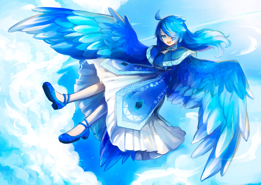 1girl absurdres ankle_strap bird_girl bird_tail bird_wings blue_eyes blue_hair capelet clouds cloudy_sky dress_shirt fang fang_out fangs fangs_out feathered_wings feathers flying highres hogara jewelry long_hair looking_at_viewer monster_girl neck_ring original sharp_teeth shirt sky spread_wings tail teeth winged_arms wings