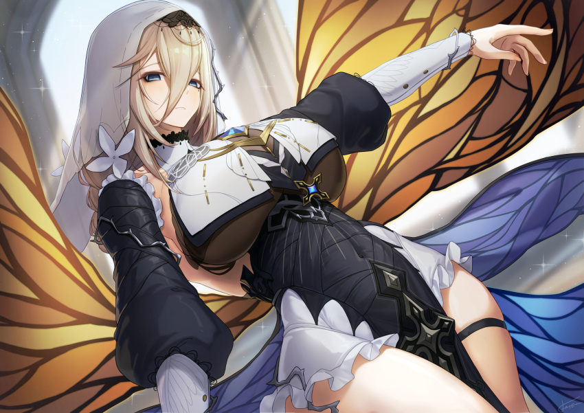 1girl aponia_(honkai_impact) bangs blonde_hair blue_eyes breasts butterfly_wings closed_mouth hair_between_eyes highres honkai_(series) honkai_impact_3rd long_hair long_sleeves looking_at_viewer mole mole_under_eye nun solo thighs wings xfate
