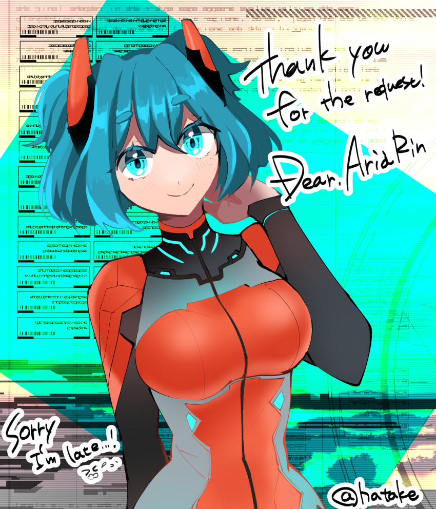 aria_rin blue_eyes blue_hair breasts commission gaming_hata highres horns indie_virtual_youtuber mecha_pilot medium_breasts non-web_source original plugsuit short_hair skeb_commission smile thick_eyebrows virtual_youtuber