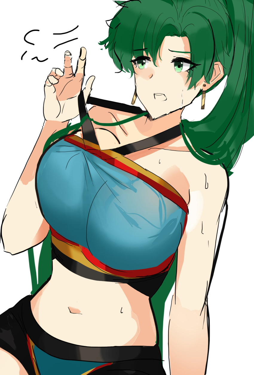1girl absurdres bare_shoulders breasts earrings fire_emblem fire_emblem_warriors green_eyes green_hair highres jewelry large_breasts looking_to_the_side lyn_(fire_emblem) navel ormille ponytail sketch strapless sweat tube_top