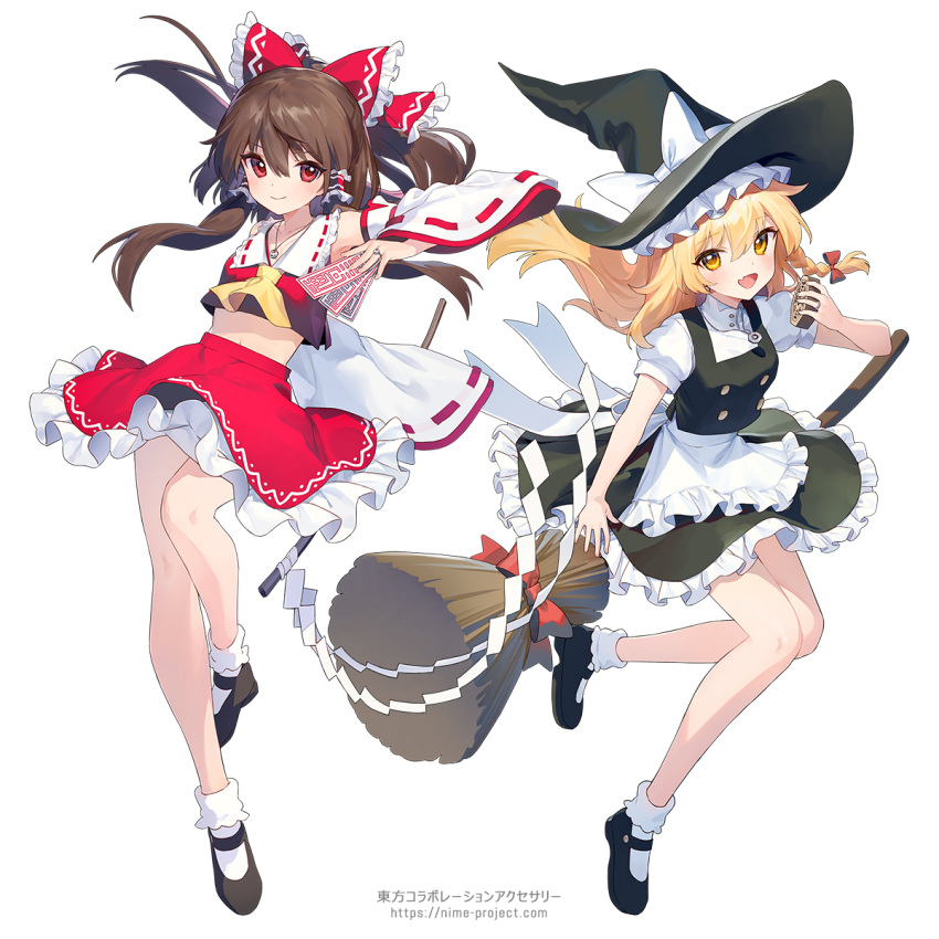 2girls ainy apron arm_up armpits ascot back_bow bangs bare_shoulders black_dress black_footwear black_headwear blonde_hair blush bow braid breasts broom brown_hair buttons closed_mouth collarbone collared_shirt copyright_name detached_sleeves dress eyebrows_visible_through_hair eyelashes fang frills gohei grey_bow hair_between_eyes hair_bow hair_ornament hair_tubes hakurei_reimu hand_up hat hat_bow highres jewelry kirisame_marisa leg_up long_hair long_sleeves looking_at_another looking_at_viewer medium_breasts mini-hakkero multiple_girls navel necklace ofuda open_mouth ponytail puffy_short_sleeves puffy_sleeves red_bow red_eyes red_shirt red_skirt shirt shoes short_sleeves simple_background single_braid skirt smile socks standing standing_on_one_leg tongue touhou white_apron white_background white_bow white_legwear white_shirt wide_sleeves yellow_ascot yellow_eyes