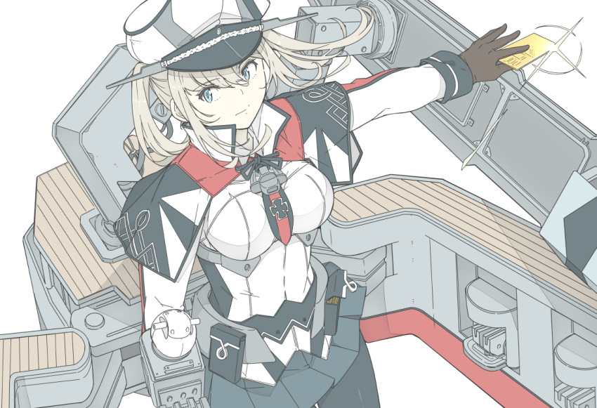 1girl black_legwear blonde_hair breasts capelet card celtic_knot graf_zeppelin_(kancolle) grey_eyes hair_between_eyes hat kantai_collection large_breasts long_hair machinery military military_hat military_uniform miniskirt necktie ninimo_nimo pantyhose peaked_cap sidelocks skirt solo tsurime twintails uniform