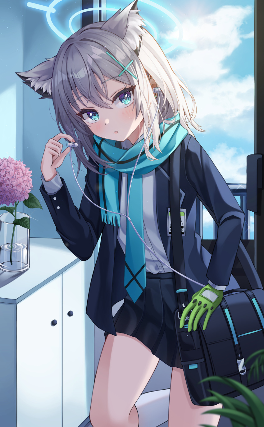 1girl absurdres animal_ear_fluff animal_ears bag black_bag black_skirt blazer blue_archive blue_eyes blue_jacket blue_necktie blue_scarf blush collared_shirt cupboard earphones extra_ears feet_out_of_frame flower frizard34127 glass gloves green_gloves highres id_card indoors jacket kneehighs lapel light_particles long_hair long_sleeves looking_at_viewer mismatched_pupils necktie open_clothes open_jacket parted_lips pink_flower pleated_skirt scarf school_bag school_uniform shiroko_(blue_archive) shirt shirt_tucked_in single_glove skirt solo striped striped_scarf white_legwear wolf_ears