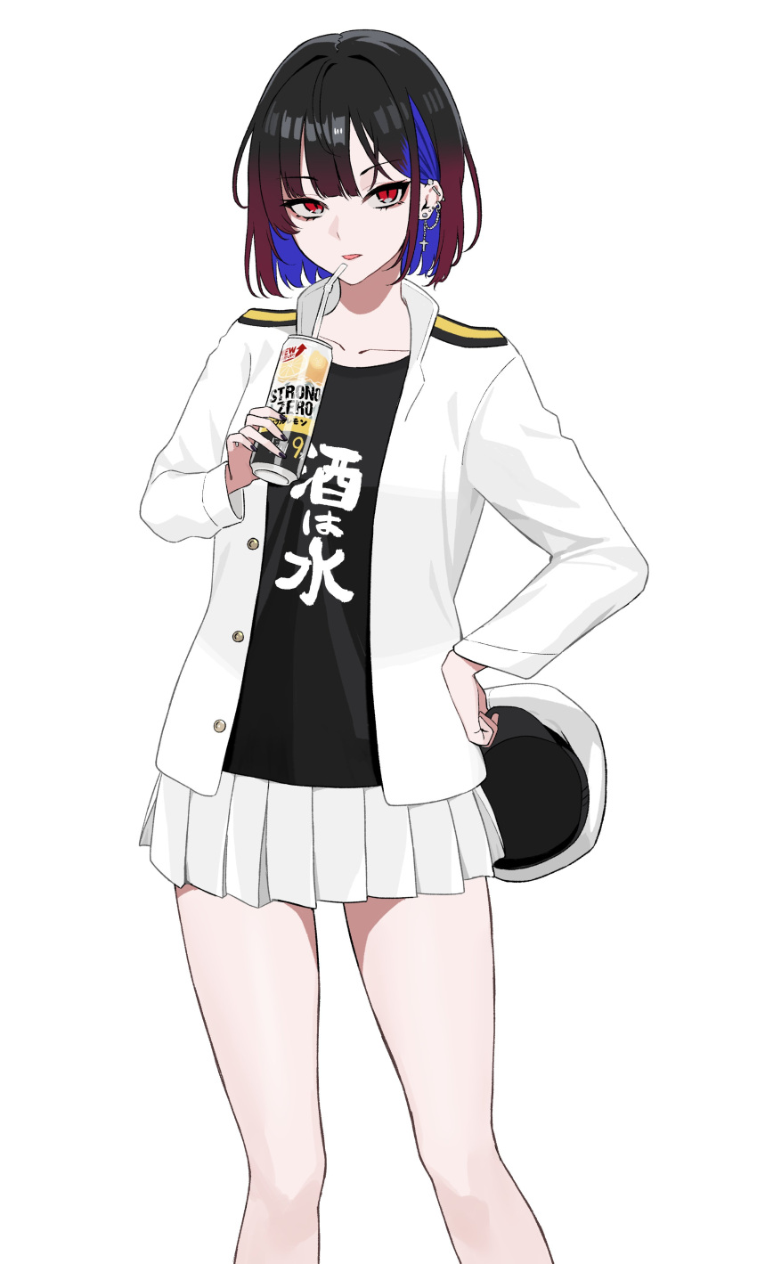 1girl absurdres bangs black_hair black_shirt blue_hair can clothes_writing drinking_straw ear_piercing earrings eyelashes female_admiral_(kancolle) hat highres holding holding_can holding_clothes holding_hat jacket jewelry kantai_collection multicolored_hair open_clothes open_jacket parted_lips piercing pleated_skirt red_eyes redhead shirt short_hair simple_background skirt solo strong_zero t-shirt takaman_(gaffe) white_background white_headwear white_jacket
