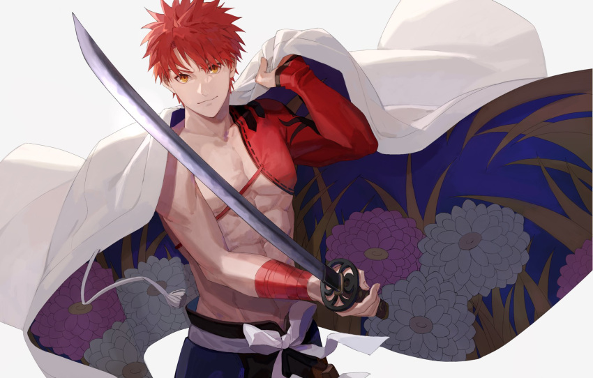 1boy abs bangs cape closed_mouth commentary_request emiya_shirou fate/grand_order fate_(series) floral_print highres holding holding_sword holding_weapon igote japanese_clothes katana kuromamechabita looking_at_viewer male_focus redhead senji_muramasa_(fate) short_hair simple_background single_bare_shoulder smile solo sword toned toned_male topless_male upper_body weapon white_cape yellow_eyes