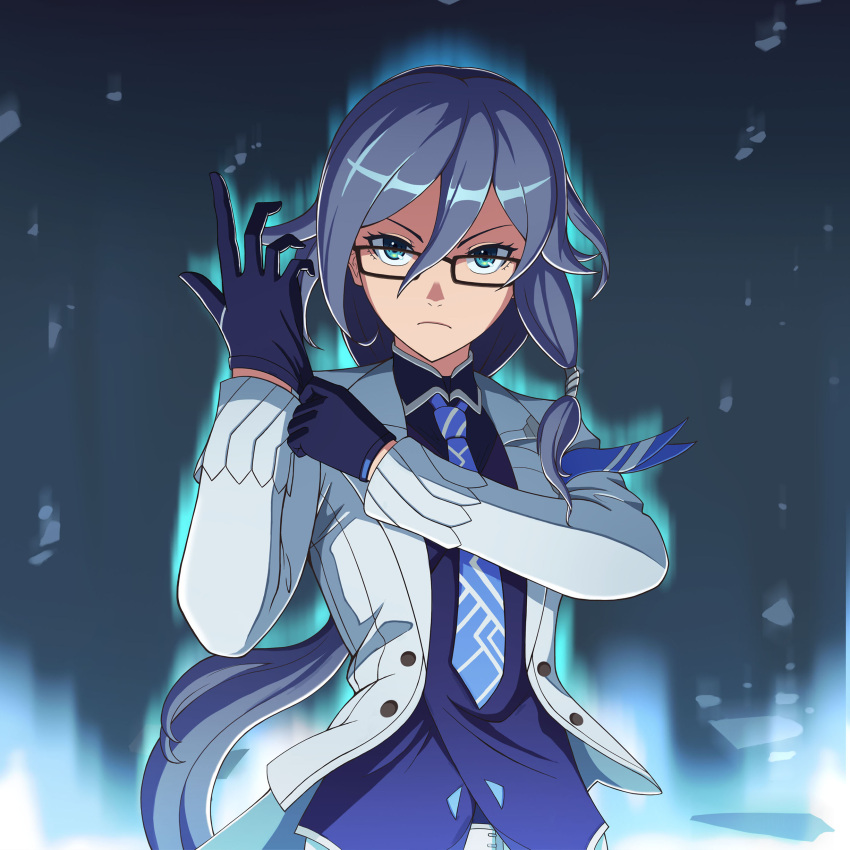 1girl absurdres bangs black_gloves black_hair blue_eyes blue_necktie blue_vest emubi fu_hua fu_hua_(night_squire) glasses gloves hair_between_eyes highres honkai_(series) honkai_impact_3rd jacket long_hair long_sleeves looking_at_viewer necktie ponytail solo vest white_jacket