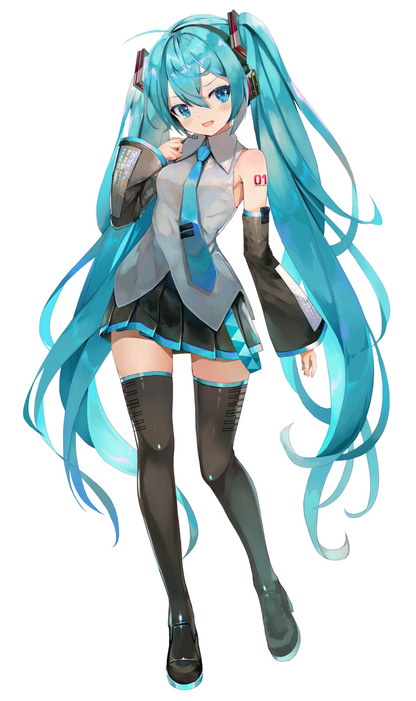 1girl absurdres ahoge aqua_hair arm_at_side armpits bangs bare_shoulders black_footwear black_skirt blue_eyes blue_necktie blush boots breasts collared_shirt detached_sleeves eyebrows_visible_through_hair flipped_hair full_body grey_shirt hair_between_eyes hair_ornament hand_up hatsune_miku headphones highres long_hair looking_at_viewer miniskirt necktie neon_trim open_mouth pleated_skirt shirt shoulder_tattoo simple_background skirt sleeveless sleeveless_shirt small_breasts smile solo standing straight_hair takepon1123 tattoo thigh-highs thigh_boots twintails very_long_hair vocaloid white_background zettai_ryouiki