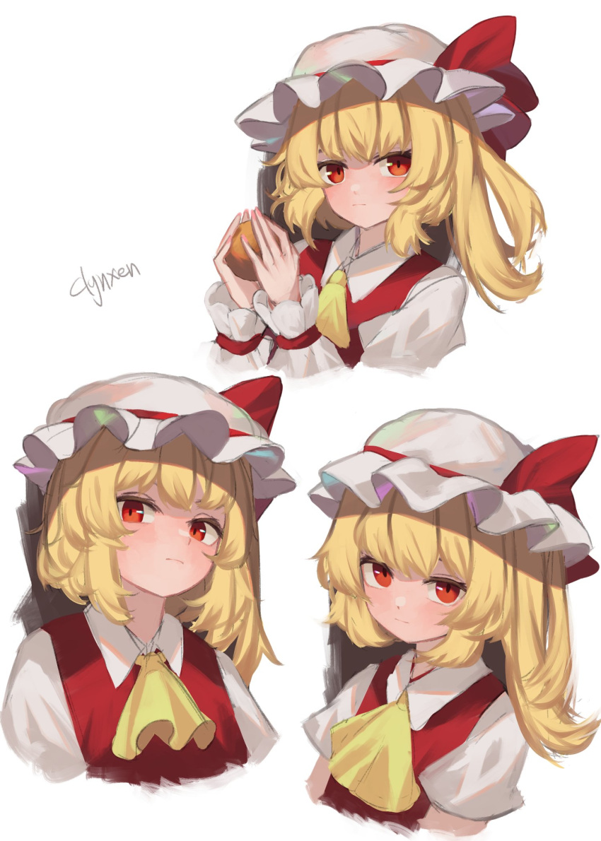 1girl artist_name ascot bangs blonde_hair blush closed_mouth clynxen collared_shirt commentary_request dress eyebrows_visible_through_hair flandre_scarlet food fruit hair_between_eyes hands_up hat hat_ribbon highres looking_at_viewer looking_to_the_side mob_cap one_side_up orange_(fruit) puffy_short_sleeves puffy_sleeves red_dress red_eyes red_ribbon ribbon shirt short_hair short_sleeves simple_background smile solo touhou upper_body white_background white_headwear white_shirt wrist_cuffs yellow_ascot