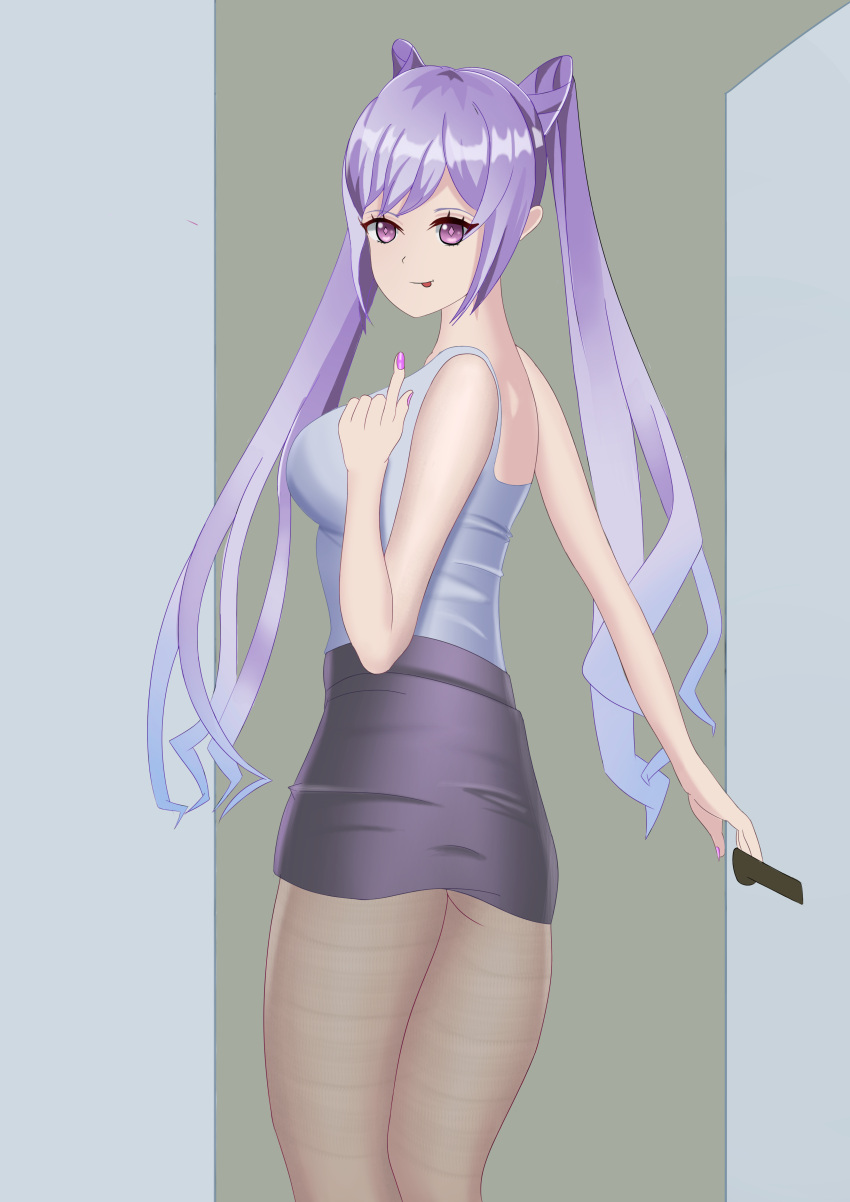 absurdres blush genshin_impact high_heels highres keqing_(genshin_impact) non-web_source office_lady purple_hair purple_skirt sexy_or_cute? skirt