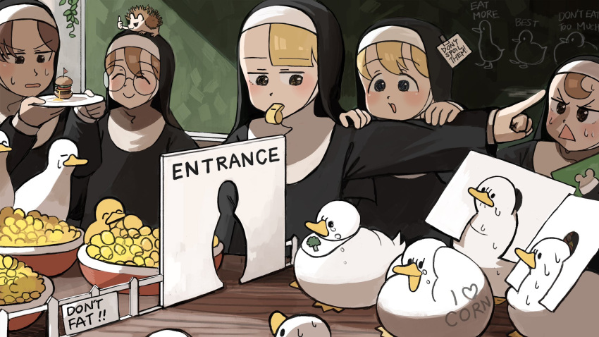 5girls :&lt; animal_on_head bangs bib bird blonde_hair blue_eyes brown_eyes brown_hair burger catholic chalkboard chicken closed_eyes corn crying crying_with_eyes_open diva_(hyxpk) duck duckling eating food glasses glasses_nun_(diva) gluttonous_nun_(diva) habit half-bang_nun_(diva) hanging_plant hedgehog highres hook-bang_nun_(diva) little_nuns_(diva) multiple_girls nun on_head plate pointing_to_the_side protagonist_nun_(diva) smile sweat sweatdrop sweating_profusely tears thumbs_up whistle yellow_eyes