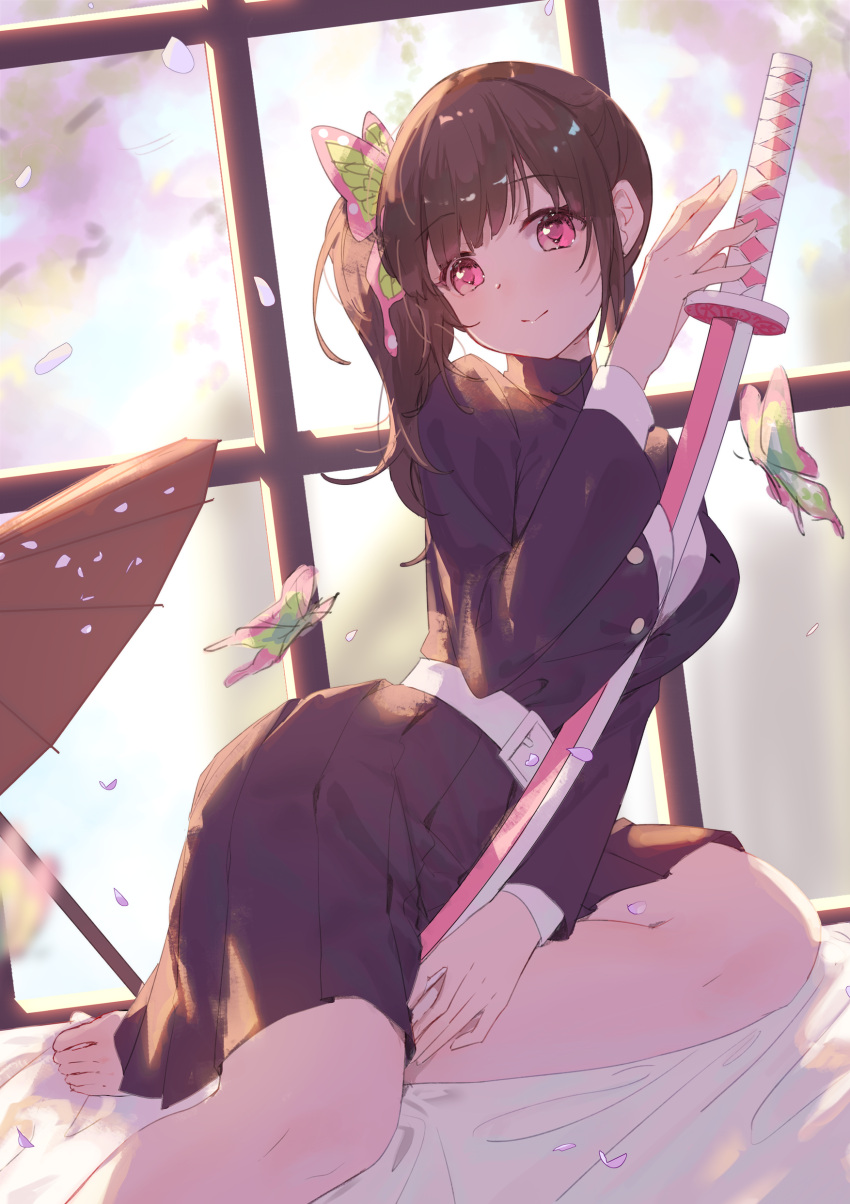 1girl absurdres bangs barefoot between_breasts black_hair black_jacket black_skirt blurry blurry_background blurry_foreground breasts brown_umbrella bug butterfly butterfly_hair_ornament closed_mouth commentary_request depth_of_field eyebrows_visible_through_hair hair_ornament hand_up highres jacket katana kimetsu_no_yaiba long_hair long_sleeves looking_at_viewer medium_breasts mo_(pixiv9929995) oil-paper_umbrella petals pleated_skirt red_eyes shirt side_ponytail skirt smile solo sword tsuyuri_kanao umbrella weapon white_shirt window