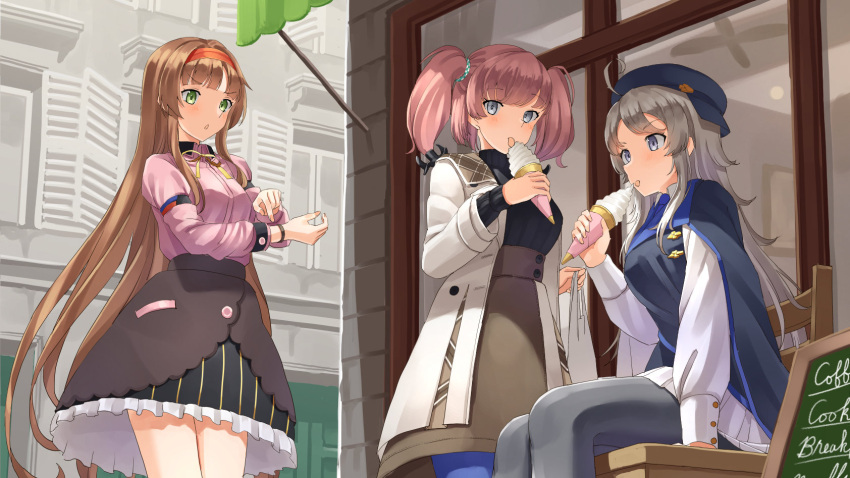 3girls ahoge atlanta_(kancolle) black_skirt blue_headwear blush breasts brown_hair brown_skirt coat eyebrows_visible_through_hair food frilled_skirt frills green_eyes grey_eyes hairband hat helena_(kancolle) highres holding holding_food ice_cream juliet_sleeves kantai_collection large_breasts long_hair long_sleeves mayura2002 multiple_girls open_clothes open_coat open_mouth orange_hairband pink_shirt puffy_sleeves shirt silver_hair skirt tongue tongue_out two_side_up washington_(kancolle) white_coat