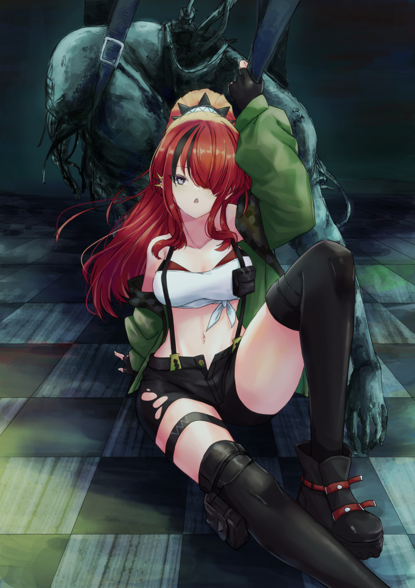 1girl azusa_(zs_azusa) bandeau bangs bare_shoulders black_footwear black_gloves black_hair black_legwear black_shorts boots breasts checkered_floor commentary_request fingerless_gloves foot_out_of_frame gloves green_jacket hair_over_one_eye highres indoors jacket knee_up lain_paterson large_breasts long_hair long_sleeves looking_at_viewer midriff multicolored_hair navel nijisanji off_shoulder open_clothes open_jacket parted_lips ponytail pouch redhead short_shorts shorts sitting stomach strapless streaked_hair suspenders thigh-highs thigh_strap thighs tube_top violet_eyes