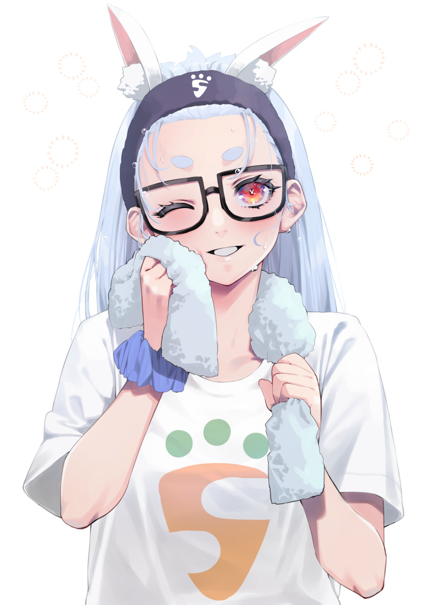 1girl ;) absurdres animal_ear_fluff animal_ears blue_hair blush extra_ears forehead glasses grin highres holding holding_towel hololive long_hair looking_at_viewer mikan_(chipstar182) one_eye_closed rabbit_ears red_eyes scrunchie shirt short_eyebrows short_sleeves simple_background smile solo thick_eyebrows towel towel_around_neck upper_body usada_pekora virtual_youtuber wet white_background white_shirt wrist_scrunchie