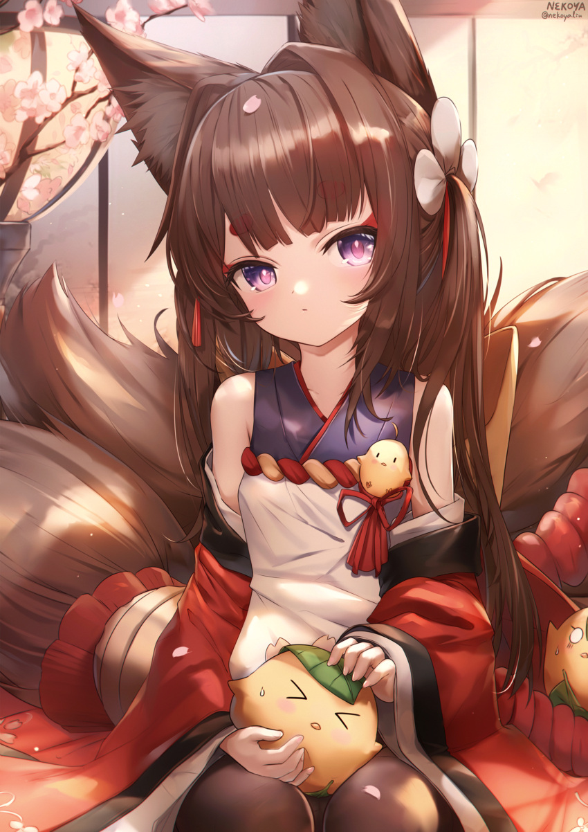 &gt;_&lt; 0_0 1girl absurdres amagi-chan_(azur_lane) animal_ear_fluff animal_ears azur_lane bangs bare_shoulders blush brown_hair brown_legwear child closed_mouth commentary_request creature detached_sleeves eyebrows_visible_through_hair fox_ears fox_girl fox_tail hair_intakes highres japanese_clothes large_tail leaf long_hair long_sleeves looking_at_viewer manjuu_(azur_lane) multiple_tails nekoya_(liu) pantyhose petals petting red_ribbon ribbon sitting solo_focus tail tassel two_side_up very_long_hair violet_eyes wide_sleeves