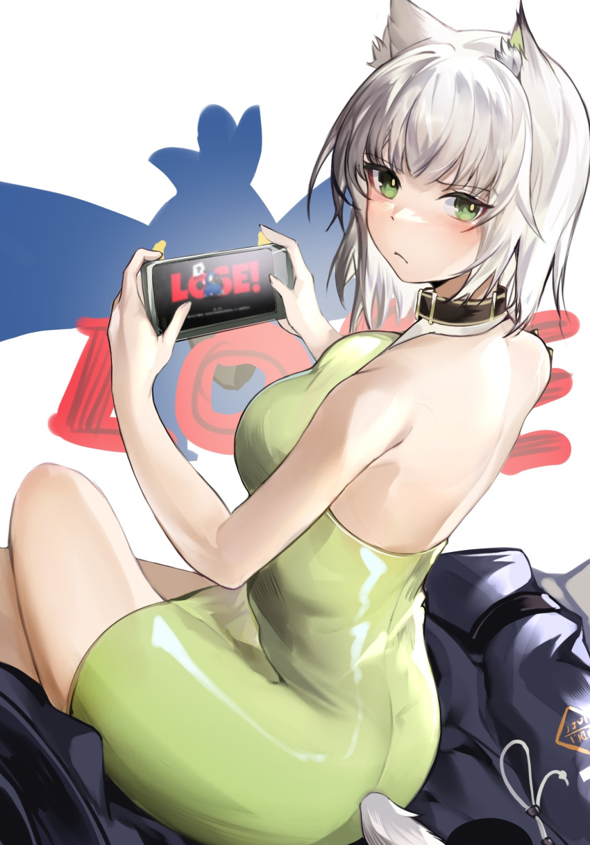 1girl animal_ear_fluff animal_ears arknights bare_arms bare_back bare_shoulders black_choker blush breasts cat_ears cat_tail cellphone chinese_commentary choker commentary_request dress green_dress green_eyes highres holding holding_phone kal'tsit_(arknights) large_breasts looking_at_viewer pencil_dress phone short_hair silver_hair sitting smartphone solo tabayashi tail thighs