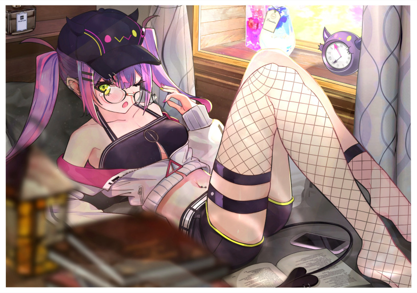1girl absurdres asymmetrical_legwear bangs bare_shoulders baseball_cap bibi_(tokoyami_towa) black_headwear black_shorts blurry blurry_foreground blush cellphone clock commentary crop_top cropped_jacket demon_tail ear_piercing fake_horns fang feet_out_of_frame fishnet_legwear fishnets glasses green_eyes green_nails hair_ornament hairclip hat highres hololive horned_headwear horns indoors jacket long_hair long_sleeves looking_at_viewer multicolored_hair multicolored_nails nail_polish nakazou2000 navel navel_piercing no_shoes one_eye_closed open_clothes open_jacket open_mouth phone piercing pink_hair purple_hair purple_nails short_shorts shorts single_sock single_thighhigh smartphone socks solo swimsuit tail tearing_up thigh-highs thigh_strap tokoyami_towa twintails two-tone_hair uneven_legwear virtual_youtuber white_jacket
