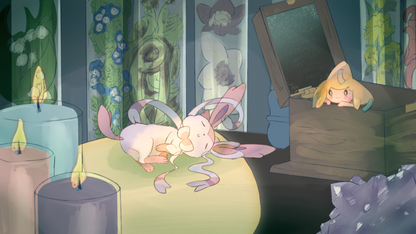 black_sclera blush candle closed_eyes closed_mouth colored_sclera commentary_request curtains fire floral_print full_body happy highres in_container indoors jirachi looking_at_another lying music_box on_side open_mouth piper_for_indroid pokemon pokemon_(creature) sleeping smile split_mouth sylveon upper_body white_eyes wooden_box