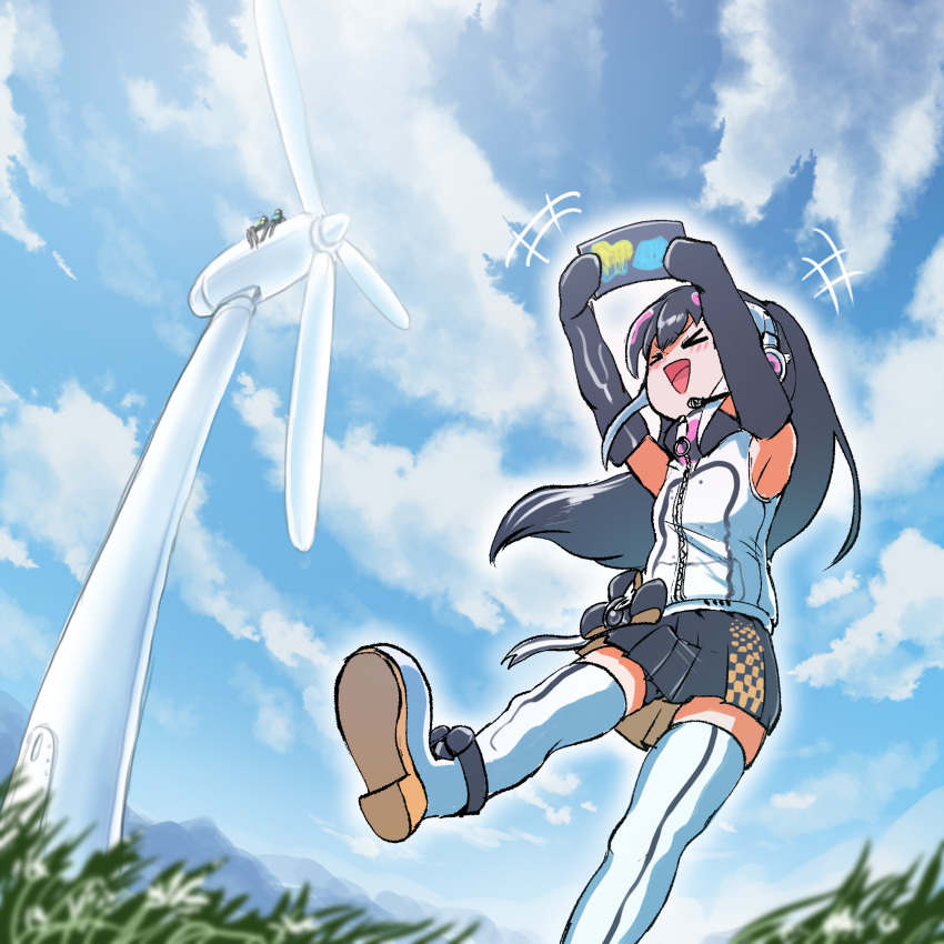 1girl african_penguin_(kemono_friends) black_eyes black_hair gloves highres kemono_friends kemono_friends_v_project long_hair mcgunngu microphone multicolored_hair necktie open_mouth shoes short_hair skirt smile solo tail virtual_youtuber