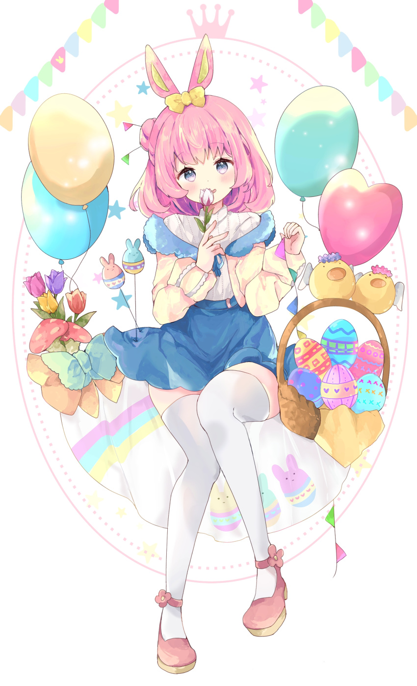 1girl absurdres animal_ears balloon basket blue_skirt blush bow commentary easter_egg egg flower full_body hair_bow hair_bun head_tilt heart_balloon highres holding holding_flower jacket mushroom open_clothes open_jacket original parted_lips pennant pink_flower pink_footwear pink_hair purple_flower rabbit_ears red_flower shirt shoes side_bun sitting skirt smile solo string_of_flags symbol-only_commentary thigh-highs tsukiyo_(skymint) white_background white_flower white_legwear white_shirt yellow_bow yellow_flower yellow_jacket