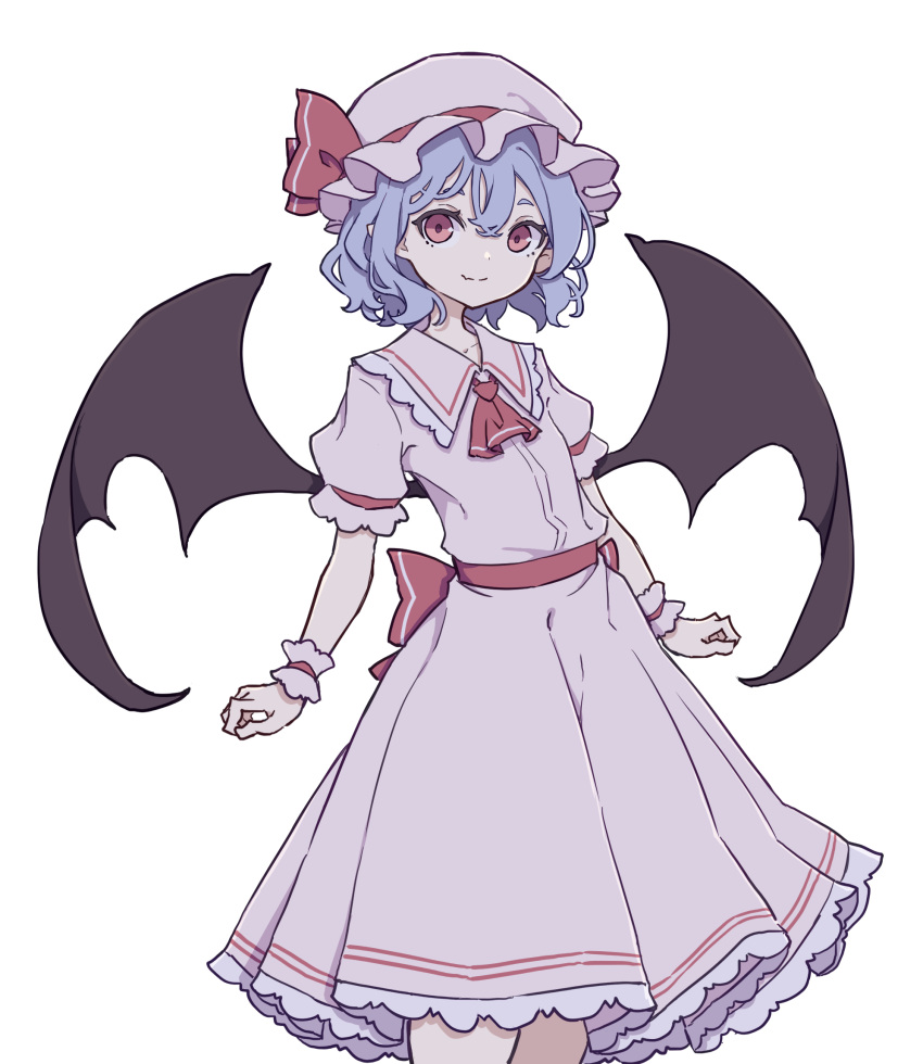 1girl ascot bat_wings blue_hair dress fang frills hat hat_ribbon highres kame_(kamepan44231) looking_at_viewer mob_cap puffy_short_sleeves puffy_sleeves red_eyes red_ribbon remilia_scarlet ribbon short_hair short_sleeves simple_background skin_fang skirt smile solo touhou white_background wings wrist_cuffs