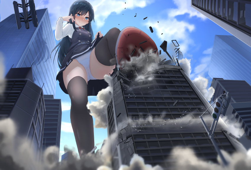 1girl absurdres asashio_(kancolle) asashio_kai_ni_(kancolle) belt belt_buckle black_belt black_dress black_hair black_legwear blue_eyes blush buckle building closed_mouth commission day dress eyebrows_visible_through_hair from_below giant giantess highres kantai_collection long_hair long_sleeves panties pinafore_dress rudder_footwear shirt sigure-zzzz skeb_commission solo thigh-highs underwear white_panties white_shirt