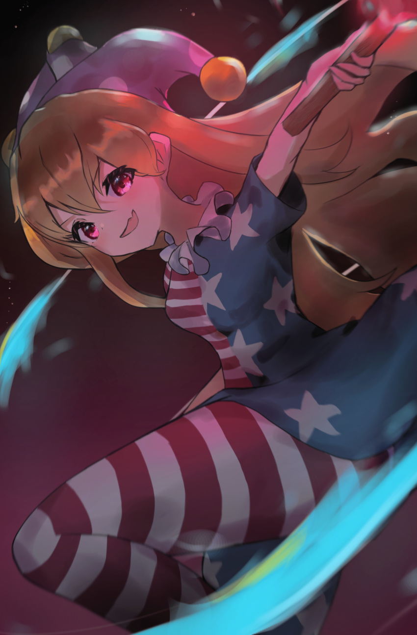 1girl absurdres american_flag_dress american_flag_pants arm_up bangs black_background breasts brown_background brown_hair clownpiece commentary_request dress eyebrows_visible_through_hair fang fire gradient gradient_background hair_between_eyes hand_up hat highres jester_cap leg_up light_brown_hair long_hair looking_at_viewer medium_breasts neck_ruff open_mouth pants pink_eyes polka_dot purple_background purple_headwear short_sleeves smile solo standing standing_on_one_leg star_(symbol) star_print striped striped_dress striped_pants torch touhou