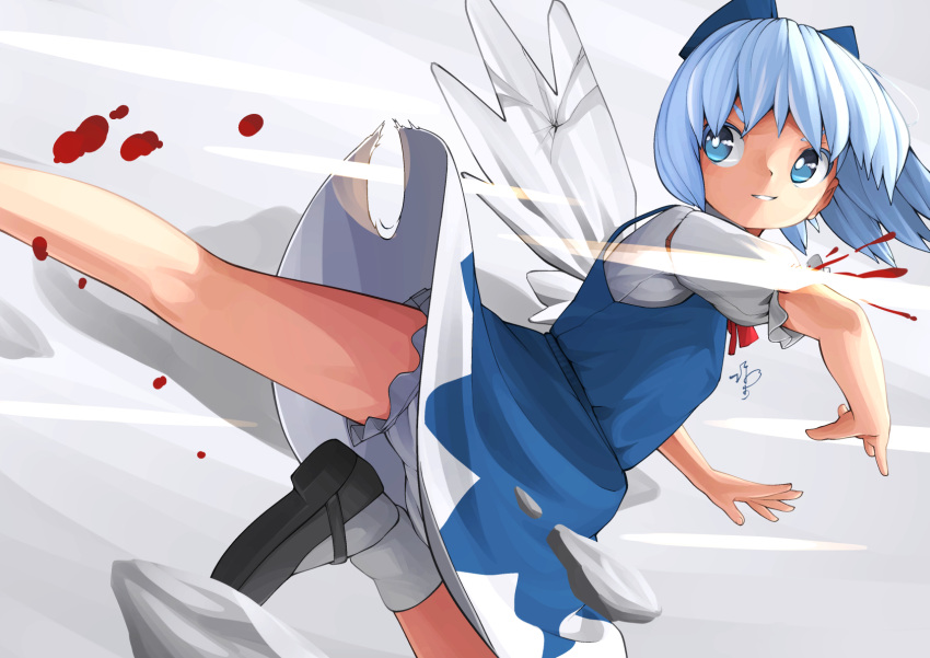 1girl black_footwear bloomers blue_bow blue_dress blue_eyes blue_hair bow cirno dress fairy hair_bow highres huxiao_(mistlakefront) ice ice_wings kicking open_mouth shirt shoes short_hair short_sleeves smile socks solo touhou underwear white_bloomers white_legwear white_shirt wings