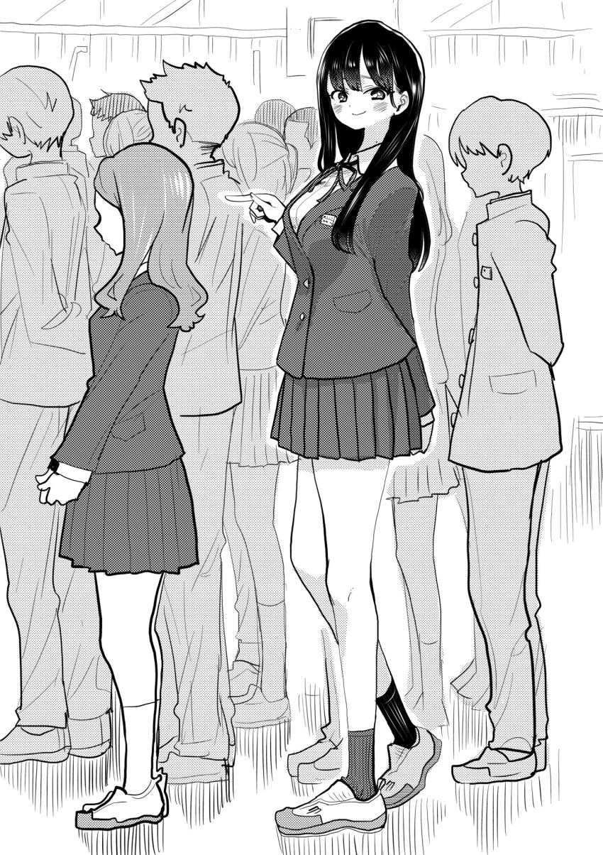 arm_behind_back blazer blush boku_no_kokoro_no_yabai_yatsu extra faceless faceless_female faceless_male full_body greyscale highres indoors jacket long_hair looking_at_viewer monochrome neck_ribbon pleated_skirt pointing ribbon sakurai_norio school_uniform skirt smile solo_focus tall_female yamada_anna