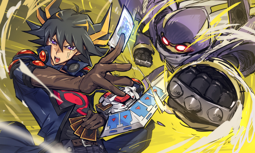 1boy bangs belt black_hair blonde_hair card duel_disk fudou_yuusei gloves highres holding holding_card jacket junk_warrior melon22 monster multicolored_hair open_clothes open_jacket open_mouth violet_eyes yu-gi-oh! yu-gi-oh!_5d's