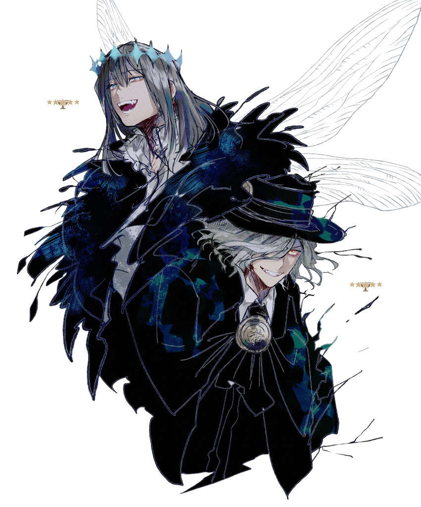 2boys absurdres alternate_hair_color arthropod_boy bangs black_hair blue_eyes cape commentary crown dark_persona diamond_hairband edmond_dantes_(fate) evil_smile fate/grand_order fate_(series) fedora formal fur_collar fur_trim gloves hair_over_one_eye hat highres insect_wings long_sleeves looking_at_viewer male_focus medium_hair multiple_boys oberon_(fate) shirt silver_hair simple_background smile spoilers star_(symbol) suit u_5ham0 upper_body white_background white_hair white_shirt wings yellow_eyes