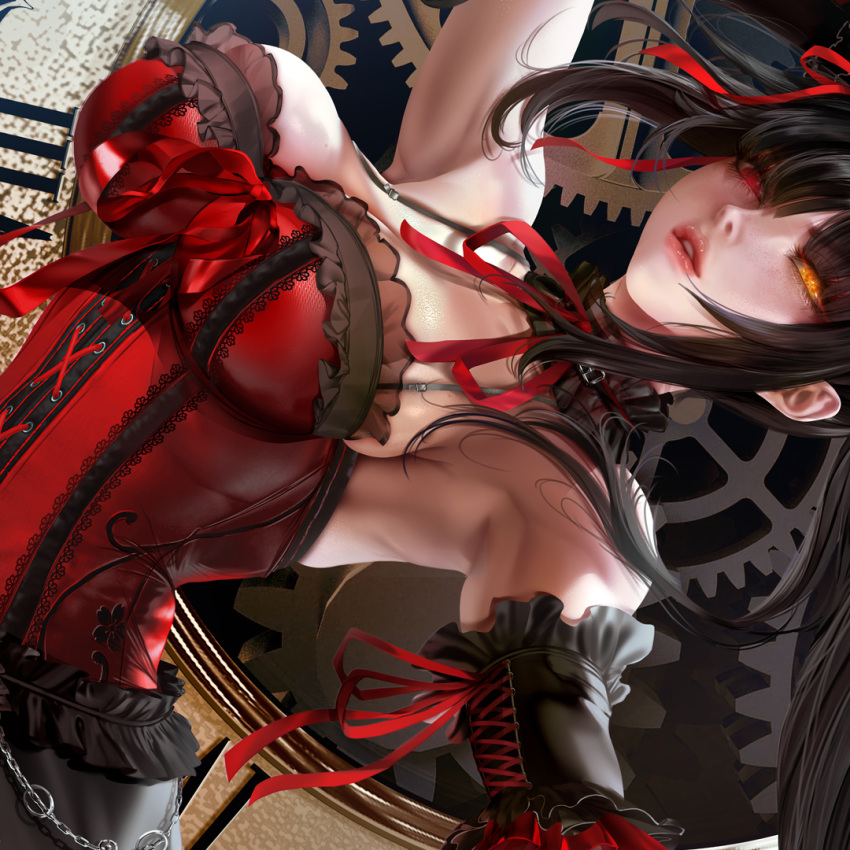 1girl black_hair black_legwear breasts choker clock clock_eyes commentary date_a_live detached_sleeves dress english_commentary gothic_lolita heterochromia javier_estrada large_breasts lolita_fashion long_hair parted_lips red_eyes roman_numeral solo symbol-shaped_pupils thighs tokisaki_kurumi twintails uneven_twintails yellow_eyes