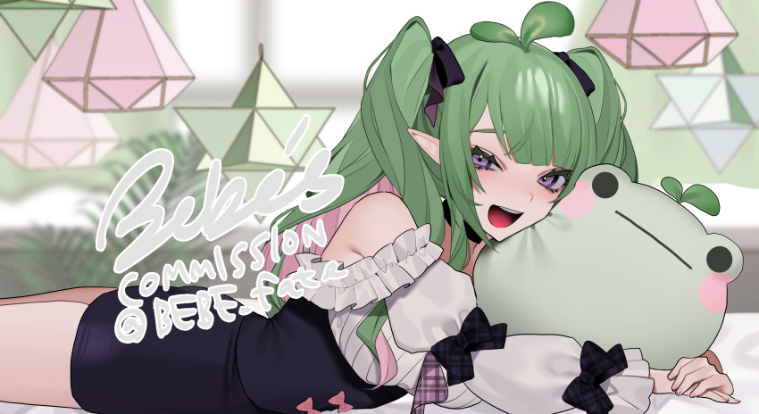1girl :d absurdres ass bangs bare_shoulders bebe_pp character_request commission copyright_request green_hair highres long_hair lying on_back pointy_ears puffy_sleeves skeb_commission skirt smile solo stuffed_toy teeth twintails