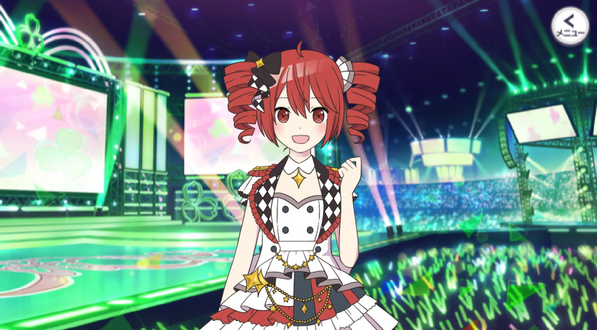 1girl :d april_fools black_bow blush bow chain detached_collar drill_hair epaulettes glowstick hair_bow hand_up highres idol kasane_teto layered_skirt long_hair long_sleeves more_more_jump!_(project_sekai) official_style project_sekai red_eyes redhead screen shirt skc skirt smile solo sparkle stage twin_drills upper_body utau vest white_shirt white_skirt white_vest