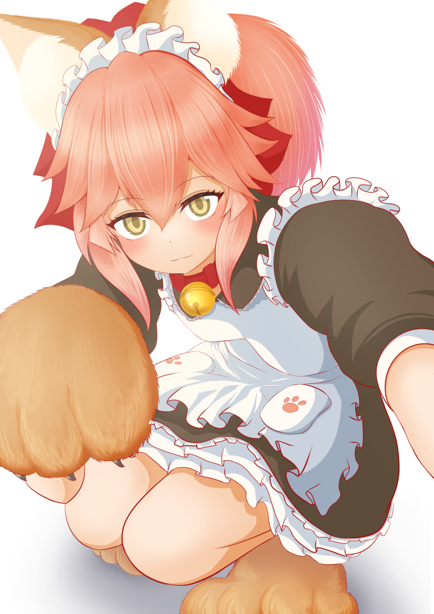 1girl :3 absurdres alternate_costume animal_ear_fluff animal_ears animal_hands apron artist_request bell blush breasts cat_hair_ornament cat_paws collar enmaided eyebrows_visible_through_hair fate/grand_order fate_(series) fox_ears fox_girl fox_tail gloves hair_ornament highres jingle_bell long_hair looking_at_viewer looking_up maid maid_apron maid_headdress medium_breasts neck_bell paw_gloves paw_shoes pink_hair ponytail simple_background sitting solo tail tamamo_(fate) tamamo_cat_(fate) tamamo_cat_(second_ascension)_(fate) white_background yellow_eyes