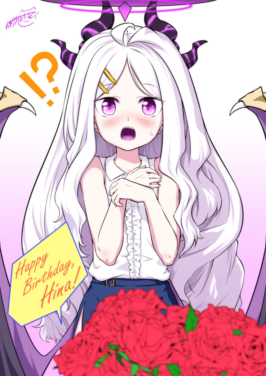 !? 1girl :o bangs birthday blue_archive blurry blush bouquet commentary_request demon_girl demon_horns demon_wings depth_of_field english_text eyebrows_visible_through_hair flower hair_ornament hairclip halo happy_birthday highres hina_(blue_archive) horns long_hair looking_at_viewer matatabi_(karukan222) rose side_slit sidelocks solo speech_bubble surprised violet_eyes white_hair wings