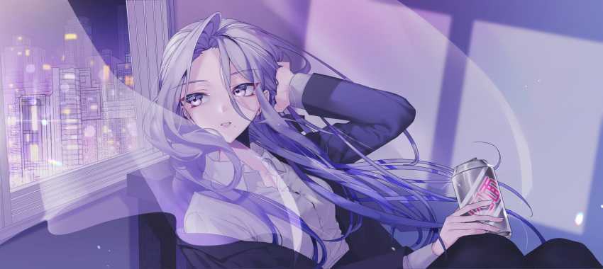 1girl absurdres can city curtains eyebrows_visible_through_hair floating_hair hair_behind_ear highres holding holding_can light_particles long_hair looking_to_the_side mole mole_under_mouth official_art original parted_lips purple_hair shiny sitting solo very_long_hair violet_eyes xoco