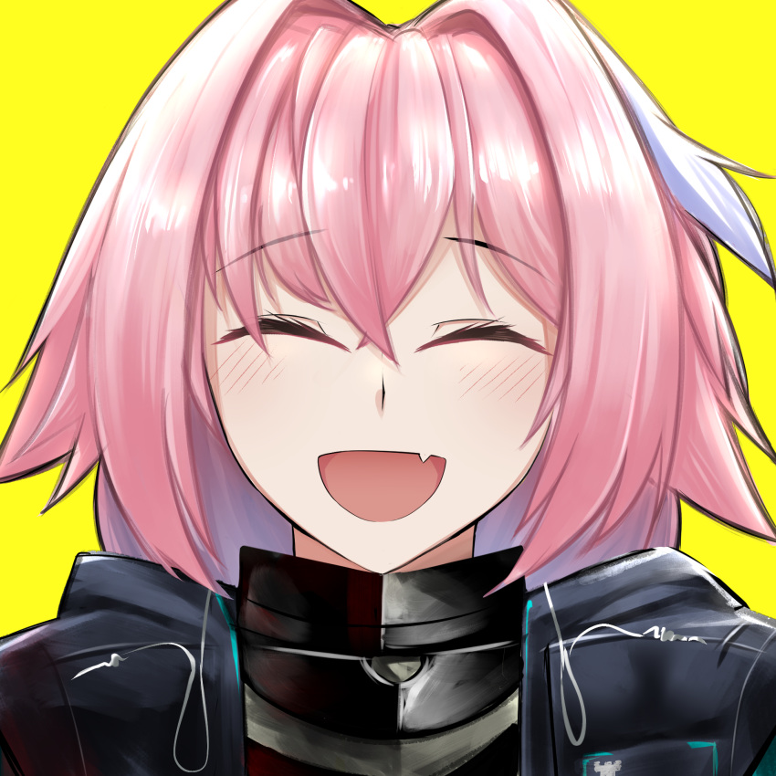 1boy :d ^_^ arknights astolfo_(fate) bangs black_jacket blush closed_eyes commentary cosplay doctor_(arknights) doctor_(arknights)_(cosplay) english_commentary eyebrows_visible_through_hair facing_viewer fang fate/grand_order fate_(series) hair_between_eyes hair_intakes highres irkawaza jacket male_focus open_mouth pink_hair portrait short_hair simple_background skin_fang smile solo yellow_background